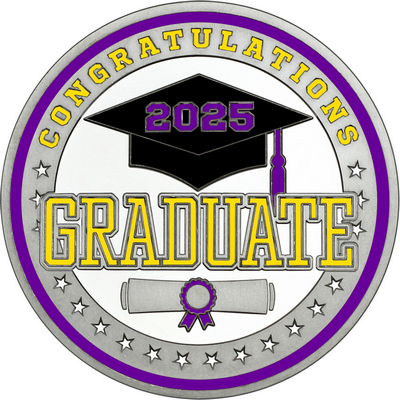 Yellow "Congratulations Graduate" with Purple 2025, Rim, Tassel & Ribbon